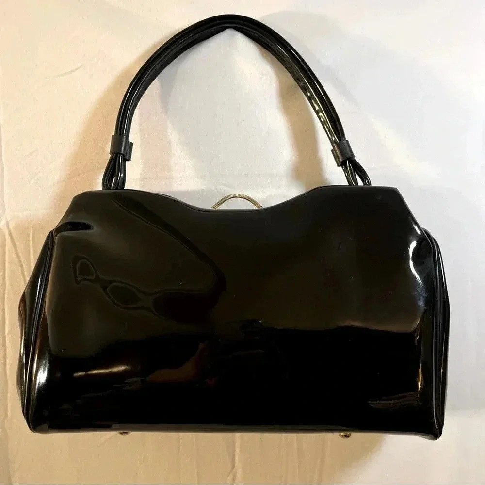 Vintage 1960s Kismet Creations Black Purse Shiny Medium MCM Gold Hardware Classy